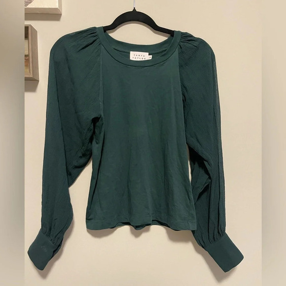TANYA TAYLOR | Emerald Green Odessa Sheer Long Sleeve Blouse, XS - Picture 1 of 6